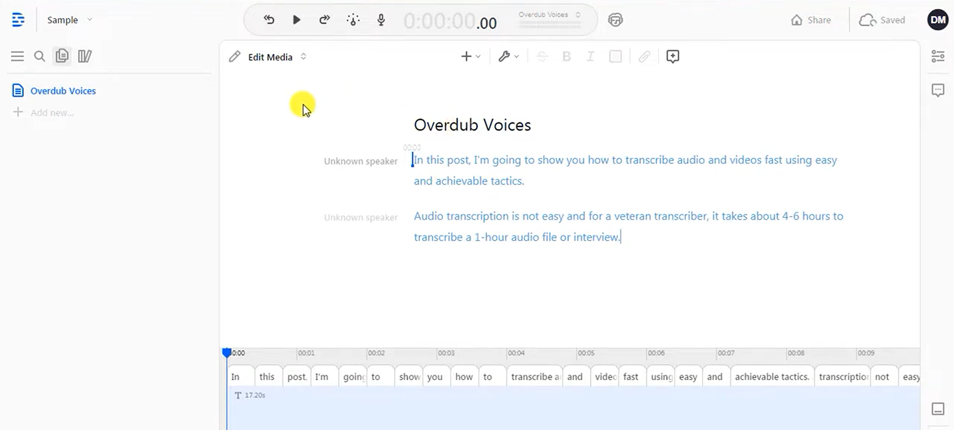 Descript's text-to-speech tool interface
