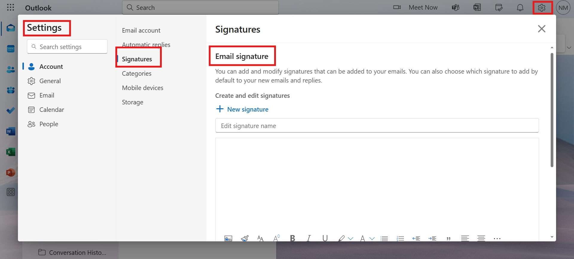 View the settings tab