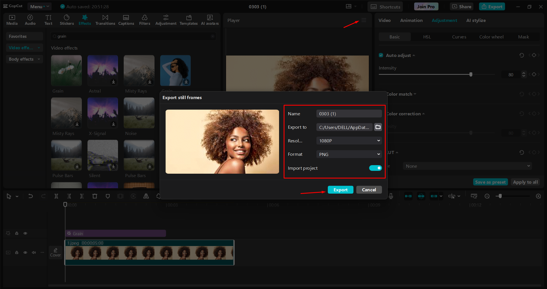 Exportieren von Standbildern aus dem CapCut Desktop-Video-Editor