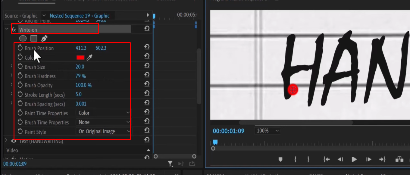 Adjusting brush size and settings for the handwriting effect in Premiere Pro