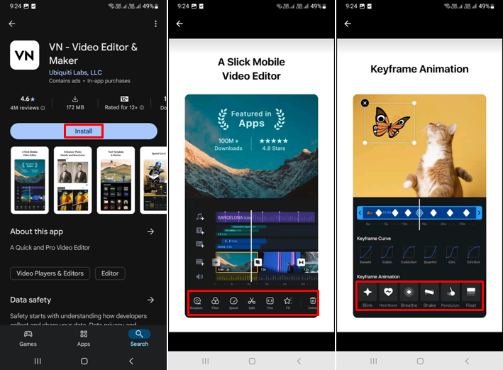 Interface of VN Video Editor - a popular app to edit Instagram Reels on mobile