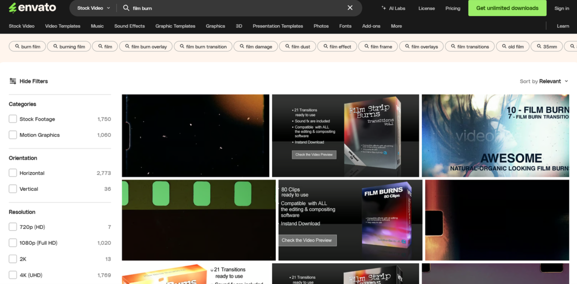 Interface of Envator - eine schnelle Möglichkeit, Filmbrennüberlagerungen kostenlos herunterzuladen