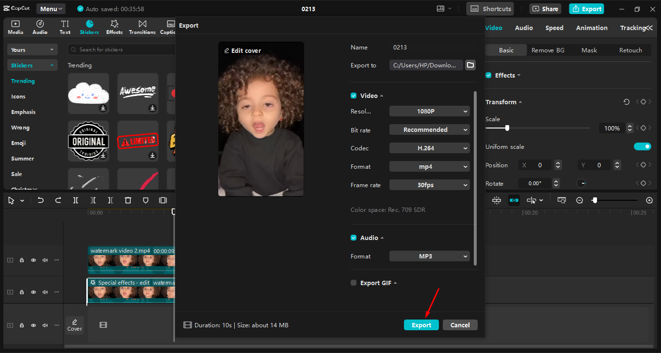 Scaricare il video dopo aver rimosso la filigrana nell' CapCut editor video desktop