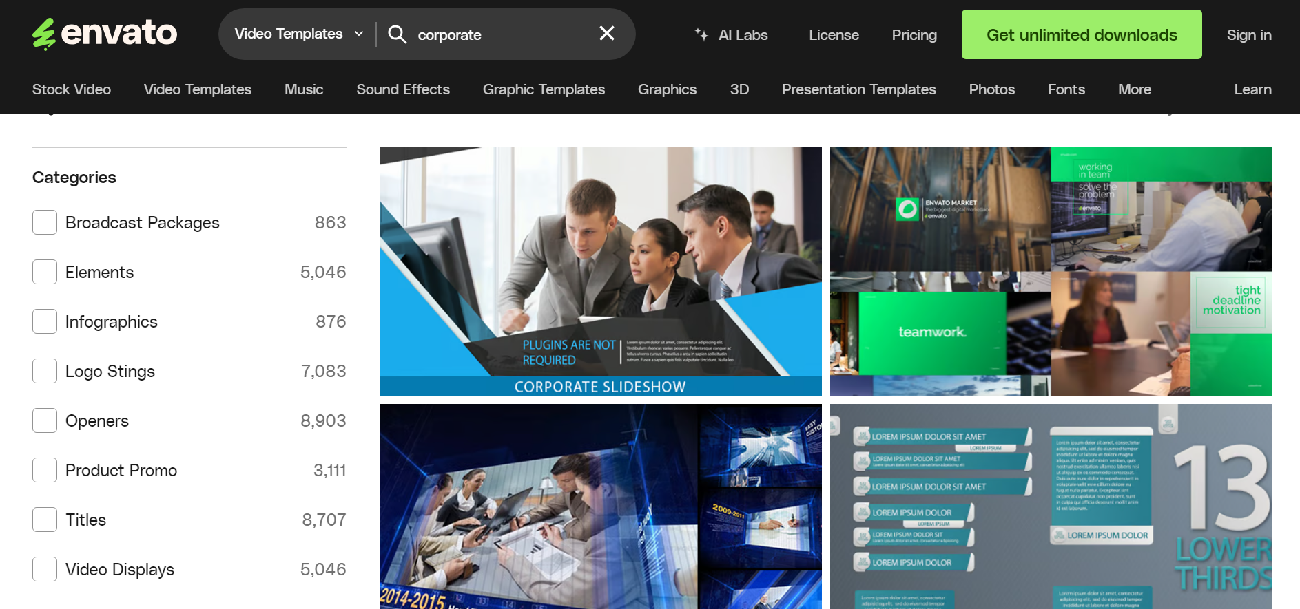 The interface of Envato - the best software to get business presentation video templates