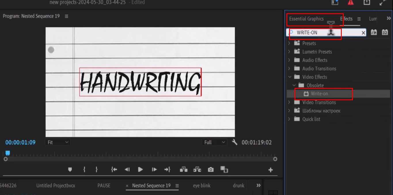 Applying the Write-on effect to the text layer in Premiere Pro