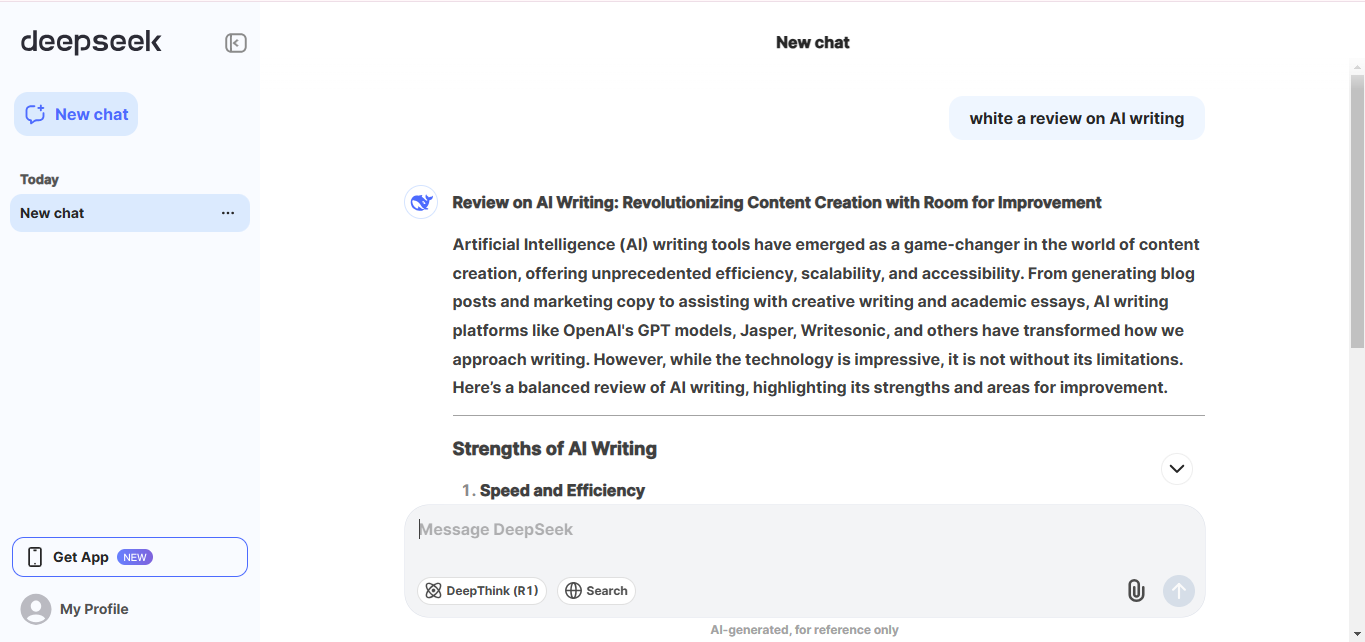 Interface of DeepSeek - the  ideal tool for text writing using AI