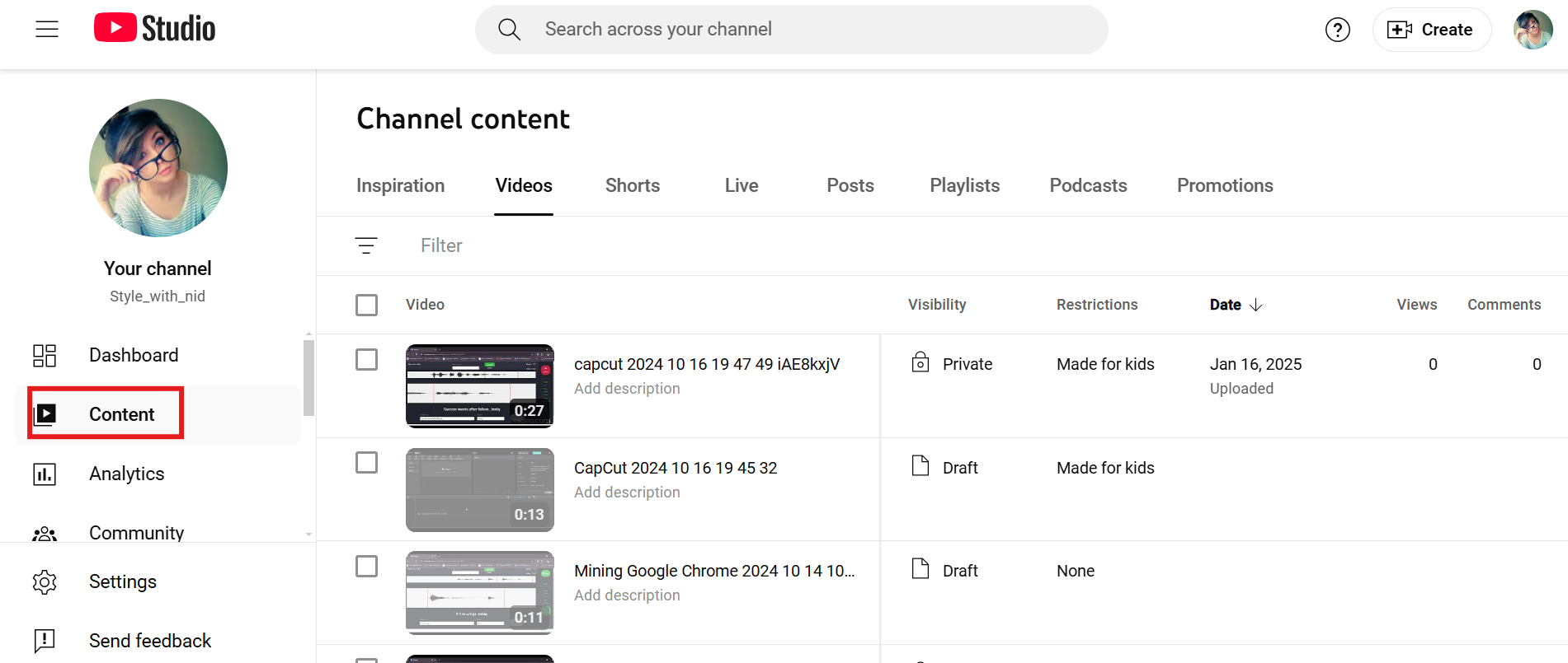 içerik sekmesini seçin