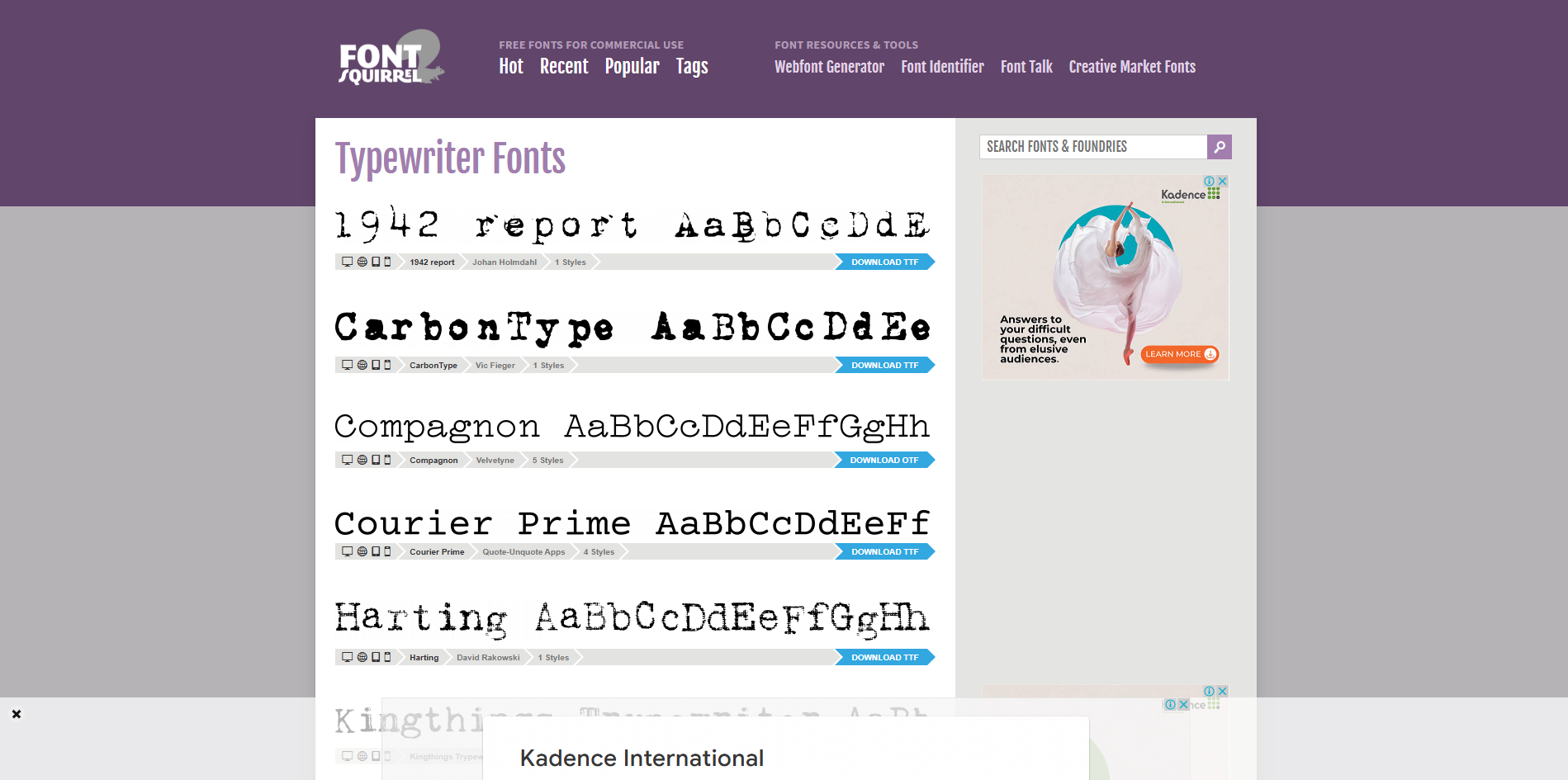 Interface of Font Squirrel - the perfect tool for free typewritten text fonts