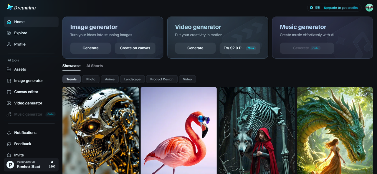 Página de inicio de Dreamina