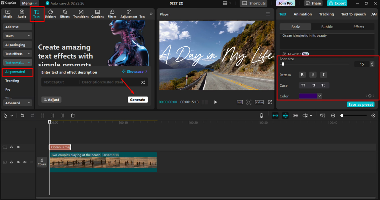 Writing and editing the text in the CapCut desktop video editor