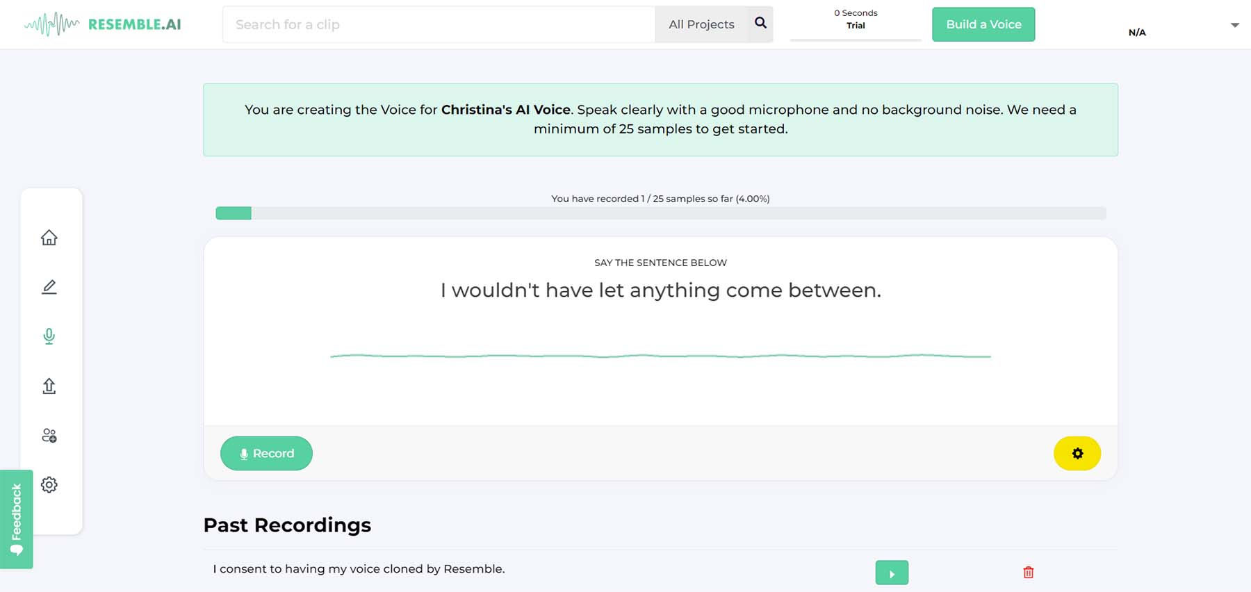 Interface of Resemble AI - an easy-to-use conversational AI voice bot
