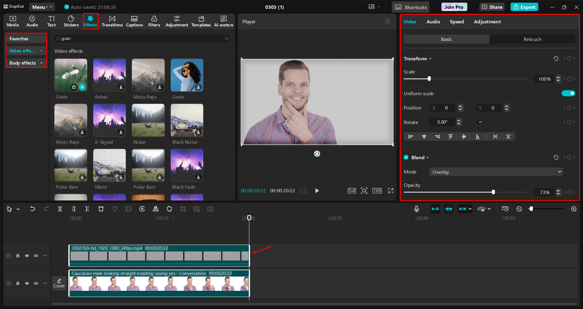 Anwendung eines Filmkorn-Effekts auf Filme im CapCut Desktop-Video-Editor