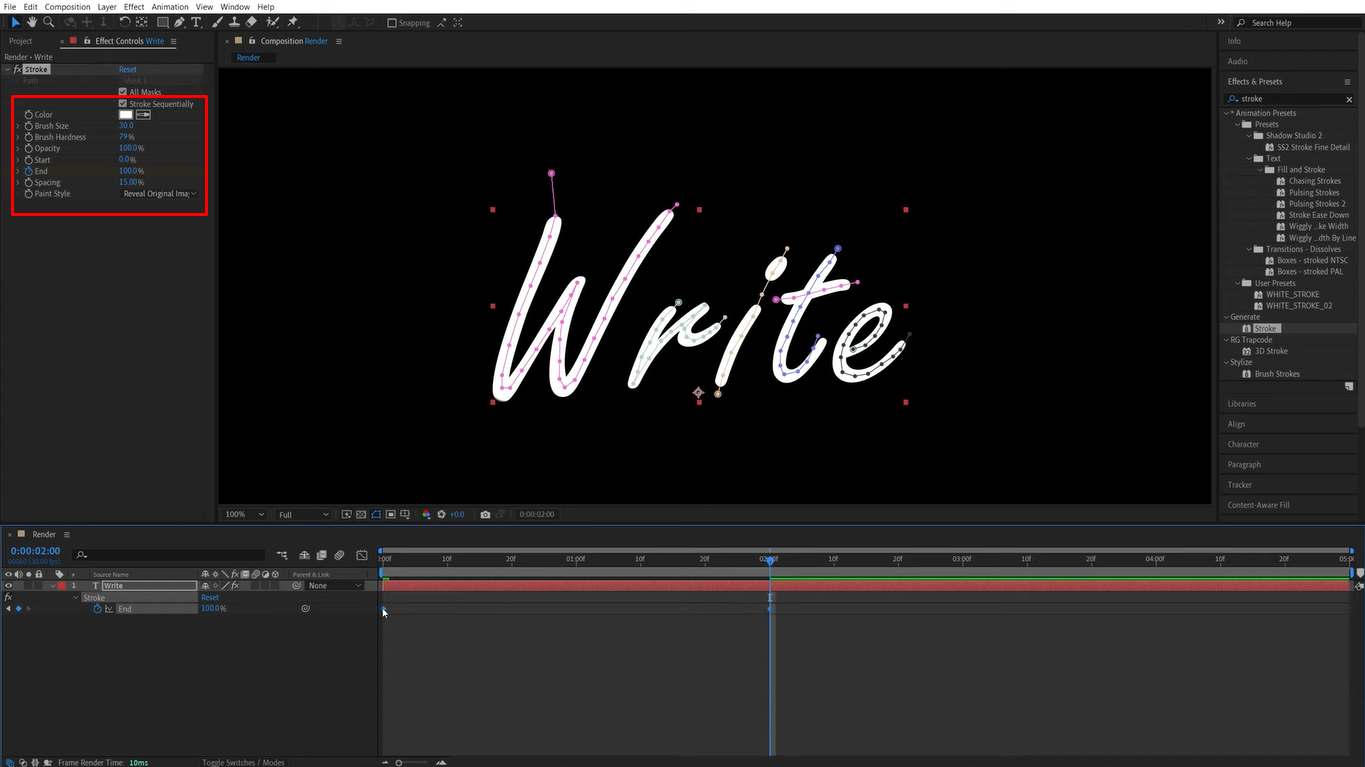 Adjusting the stroke to create perfect handwriting font in After Effects