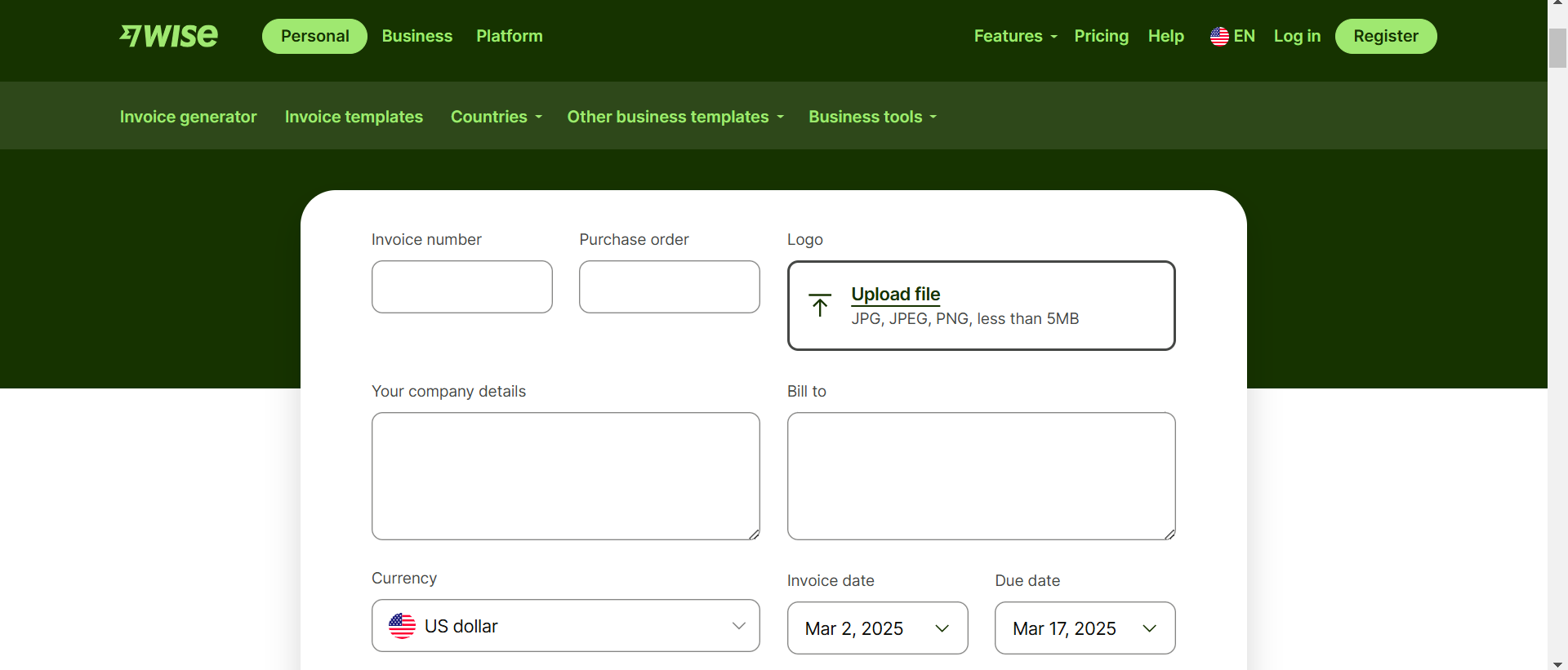 Wise invoice creator free online page