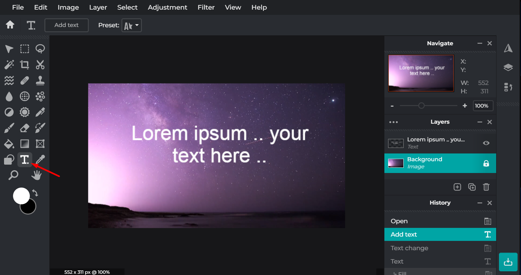Image showing how to write text on a picture in Pixlr