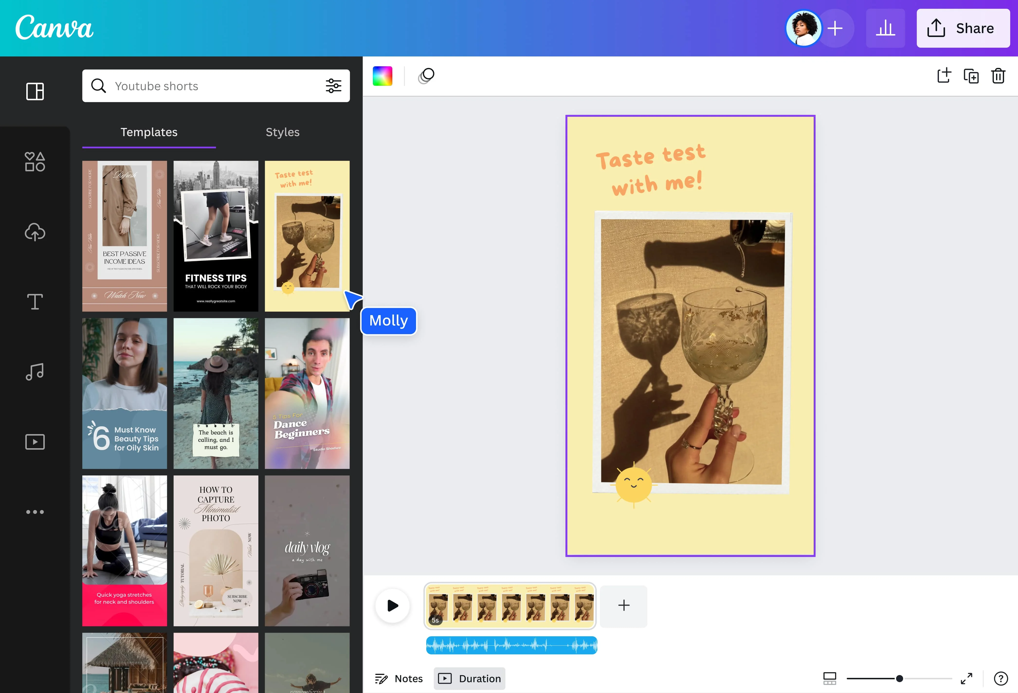 Interface of Canva - an easy-to-use and free YouTube Shorts maker