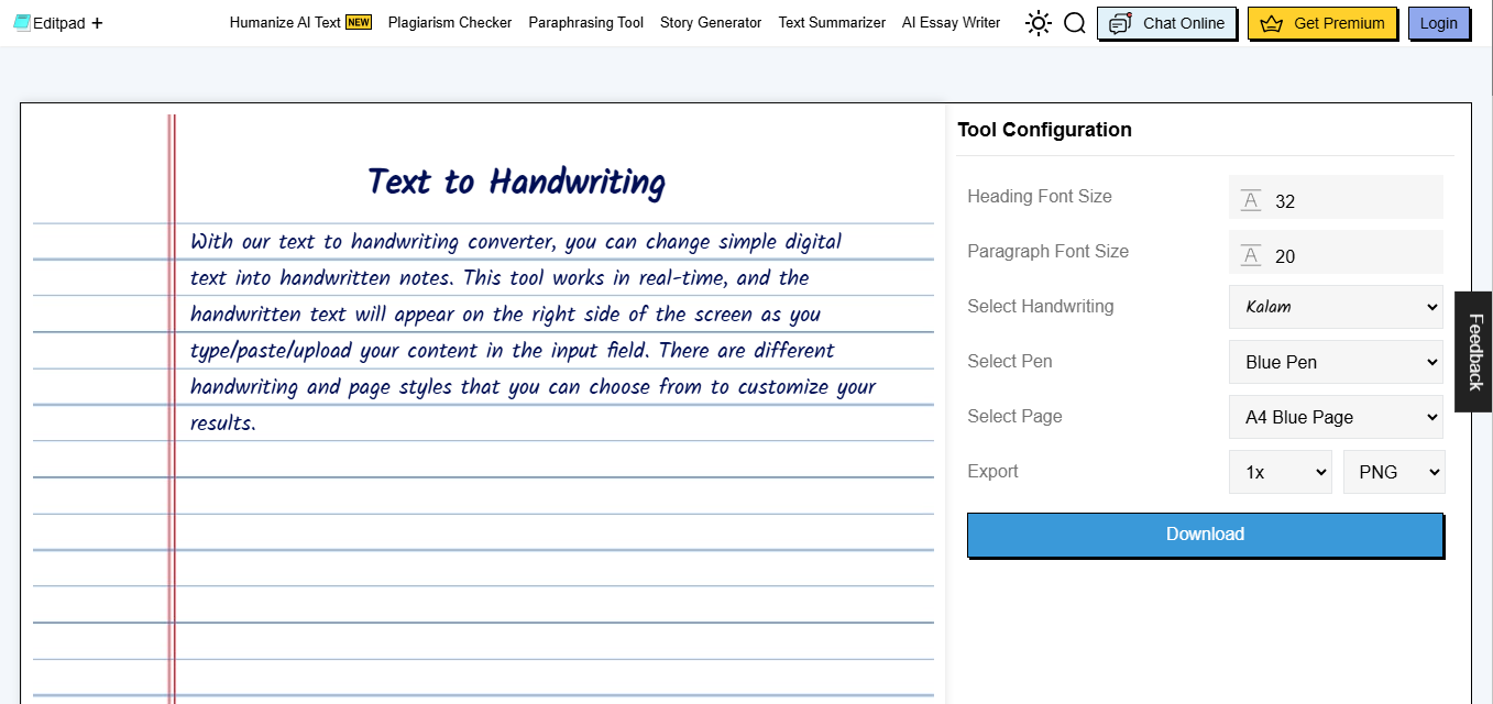 Interface of Editpad - a perfect tool to transform text to handwriting AI