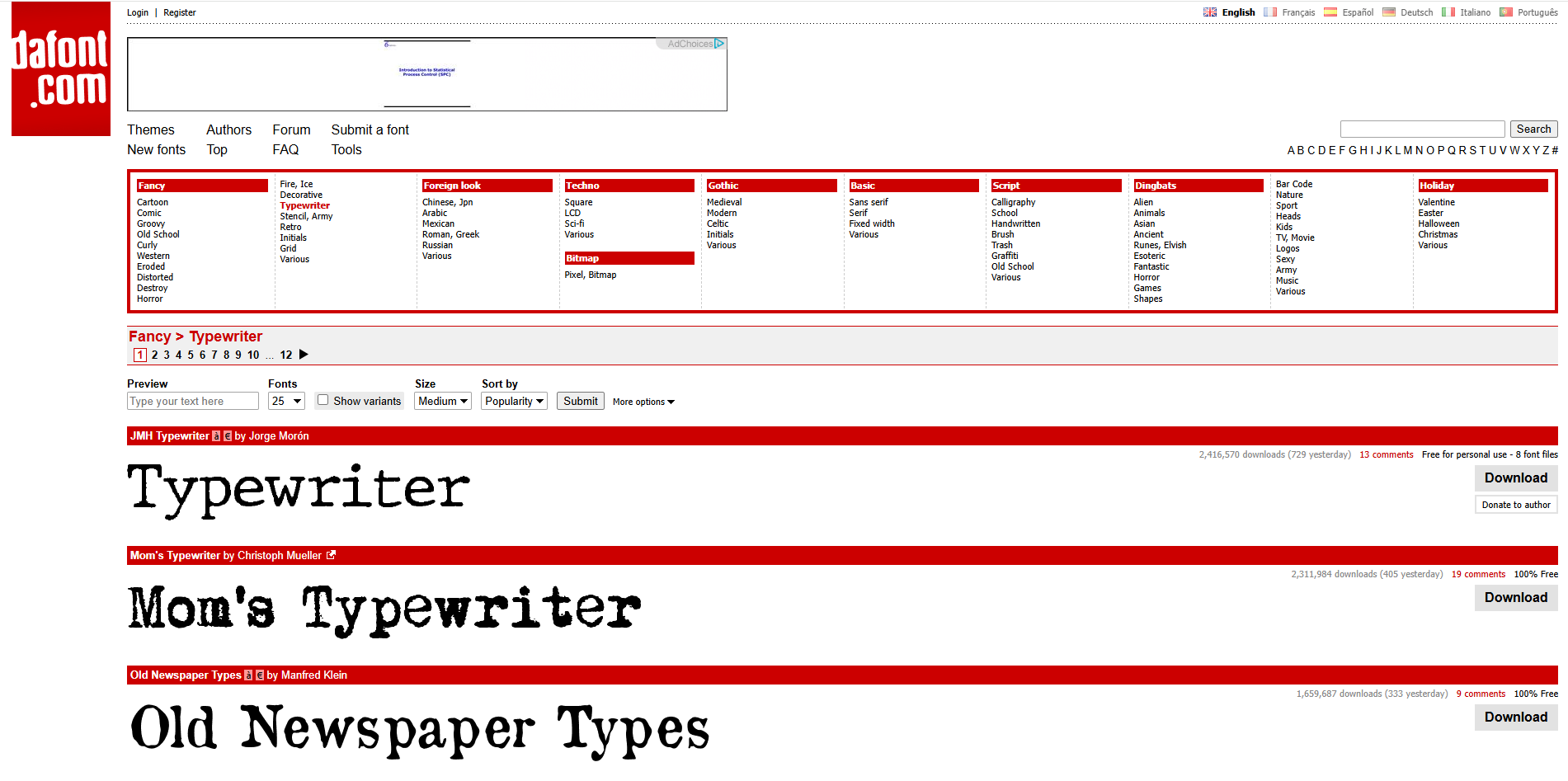 Interface of DaFont - a free resource for diverse typewriter text fonts