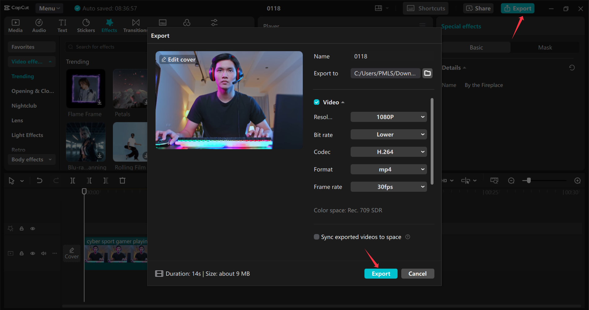 Exportation de vidéo depuis l' CapCut éditeur vidéo de bureau