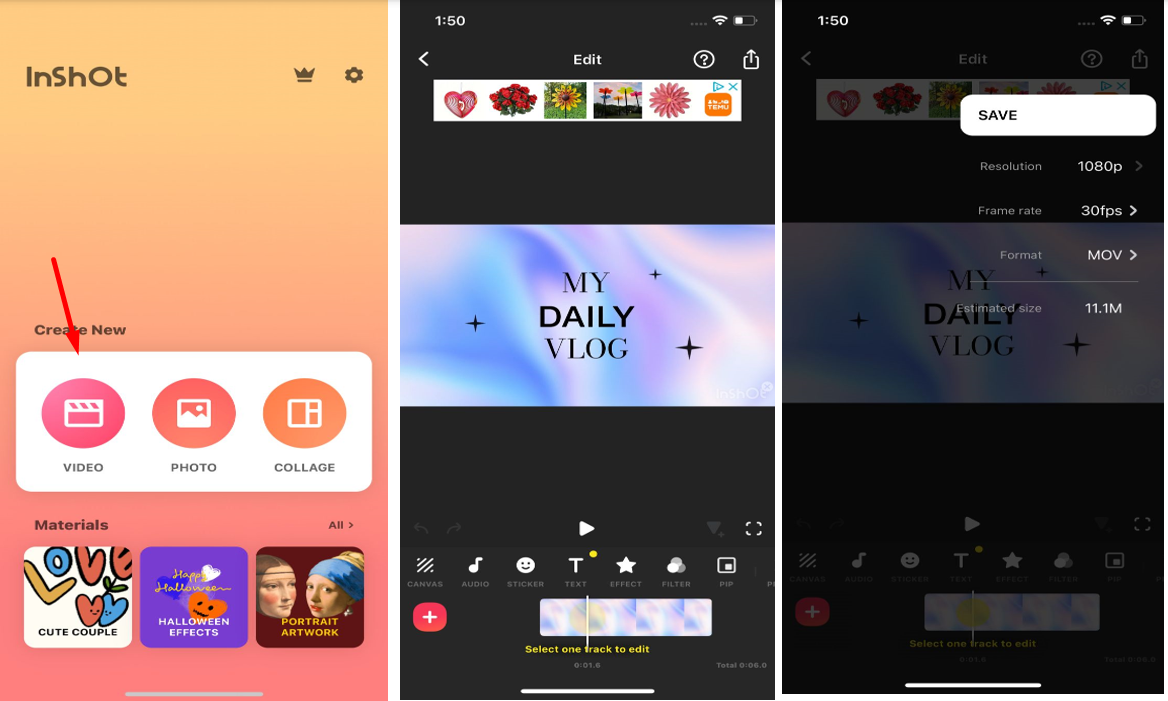 InShotin käyttöliittymä suosittu mobiilisovellus tekstin kirjoittamiseen videoille