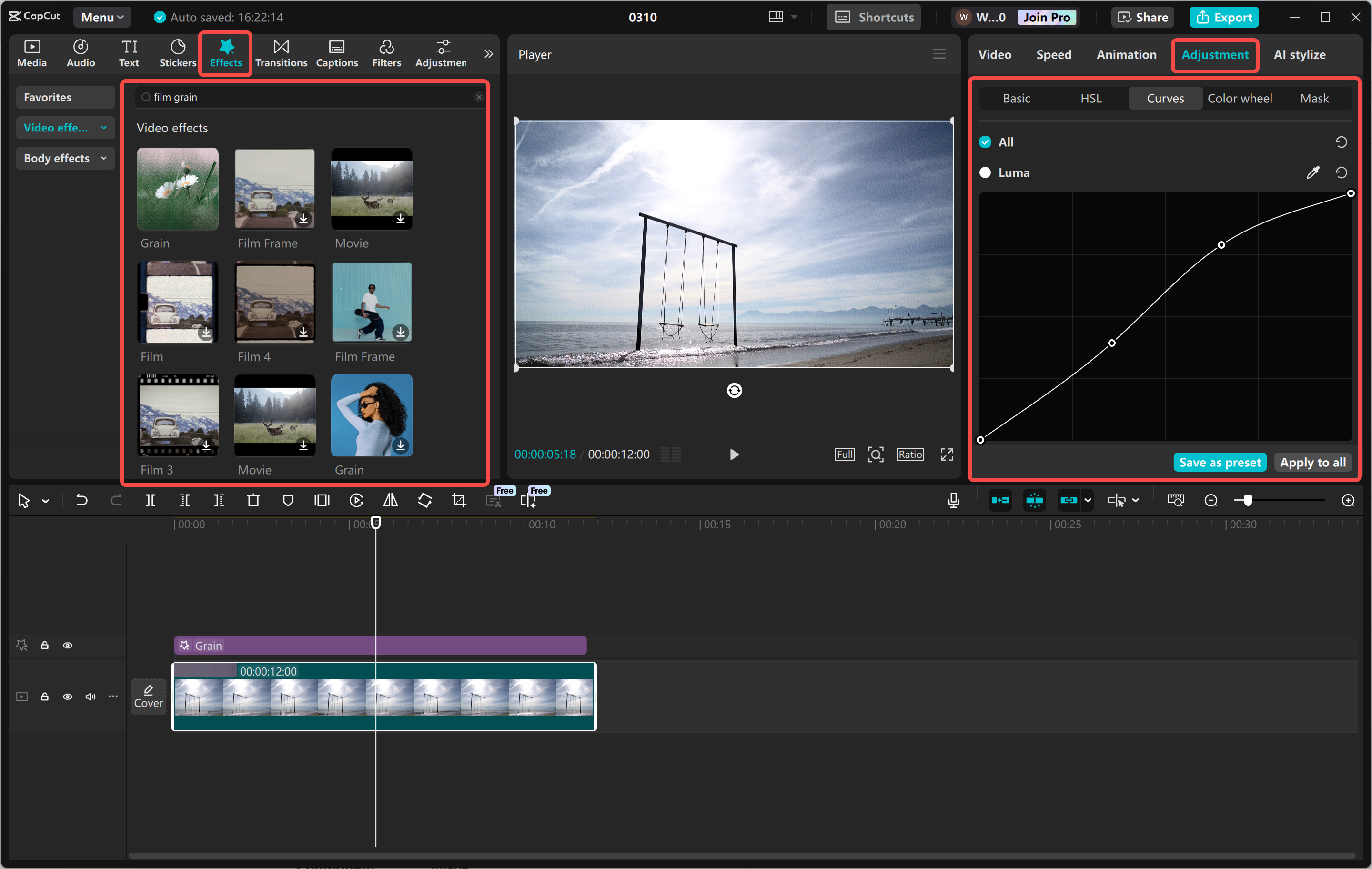 Application et ajustement de l'effet de grain aux vidéos dans l' CapCut éditeur vidéo de bureau