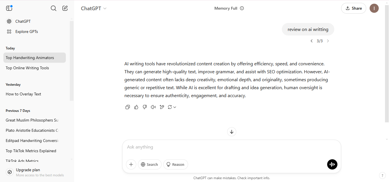 Interface of ChatGPT - the perfect tool for text writing using AI