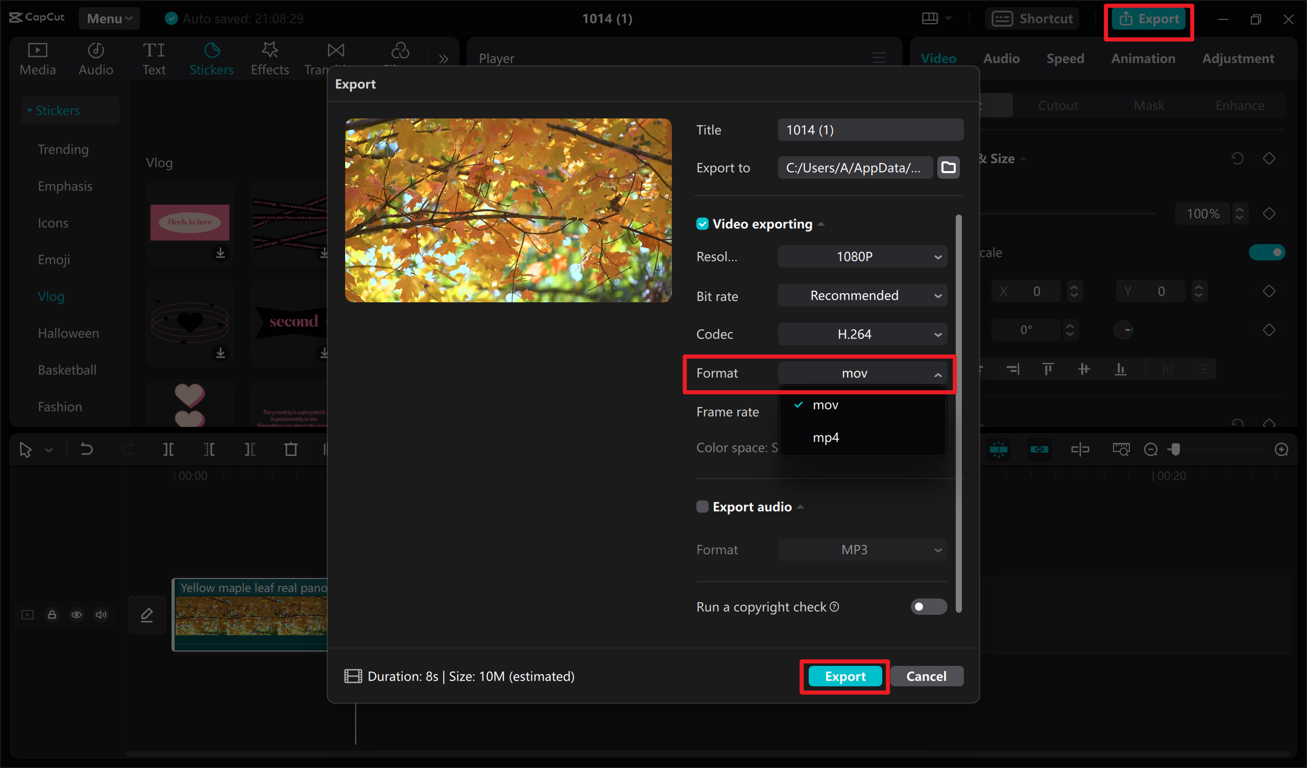 Export and choose MOV format