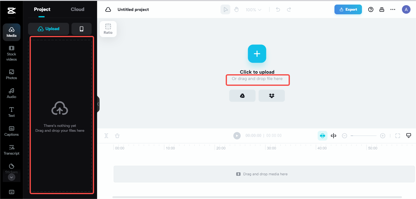 Drag or drop your files or below the "Click to Upload" tab in the middle