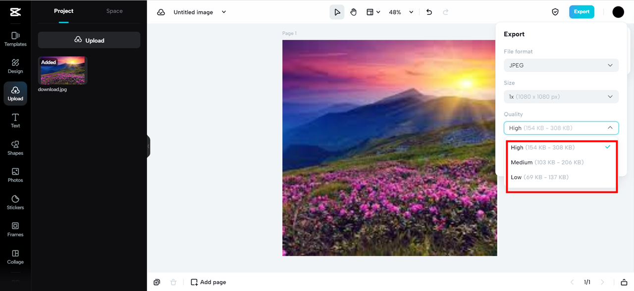 Compress JPG image online and export