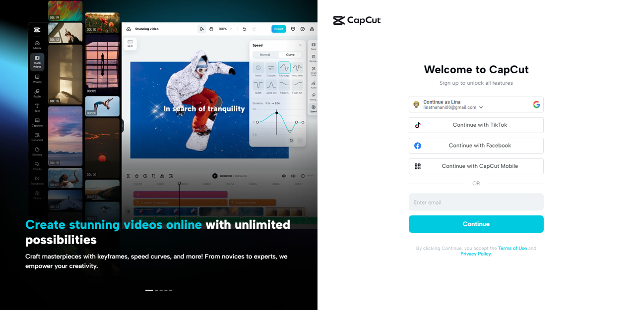 Sign up for CapCut online video editor