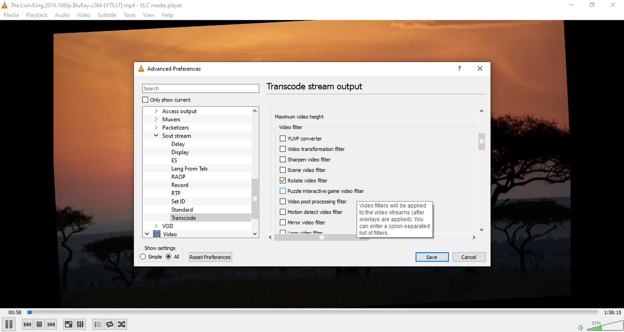 To permanently rotate a video using VLC on Windows