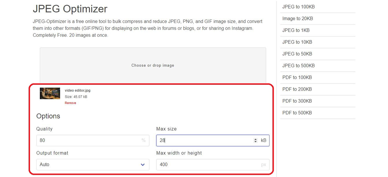 Drop the image and select settings