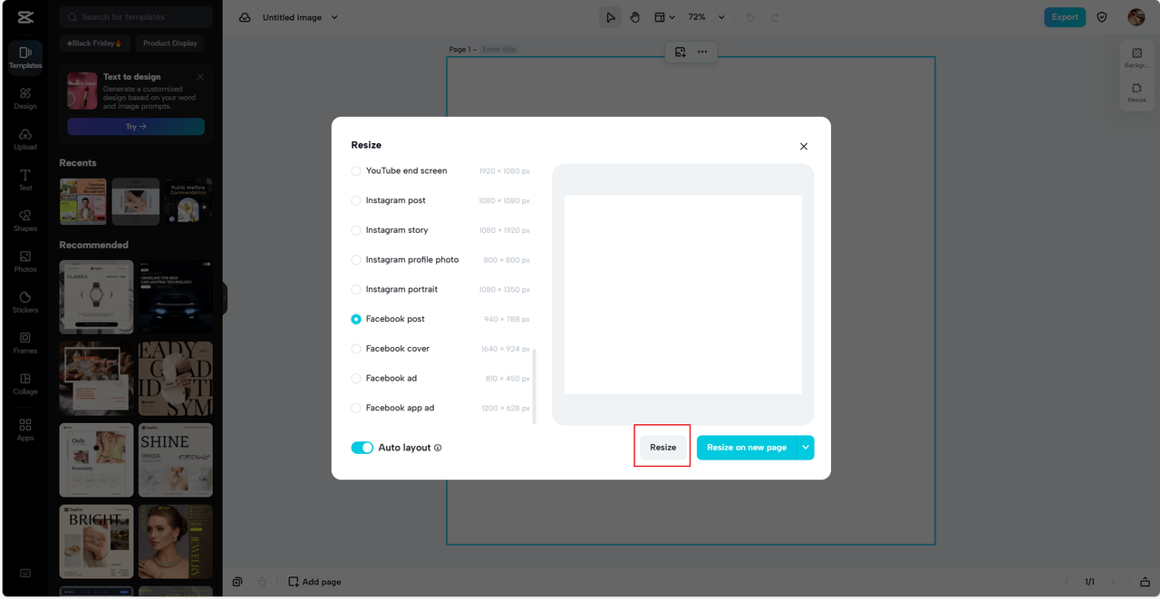 Select the canvas to resize pictures for Facebook