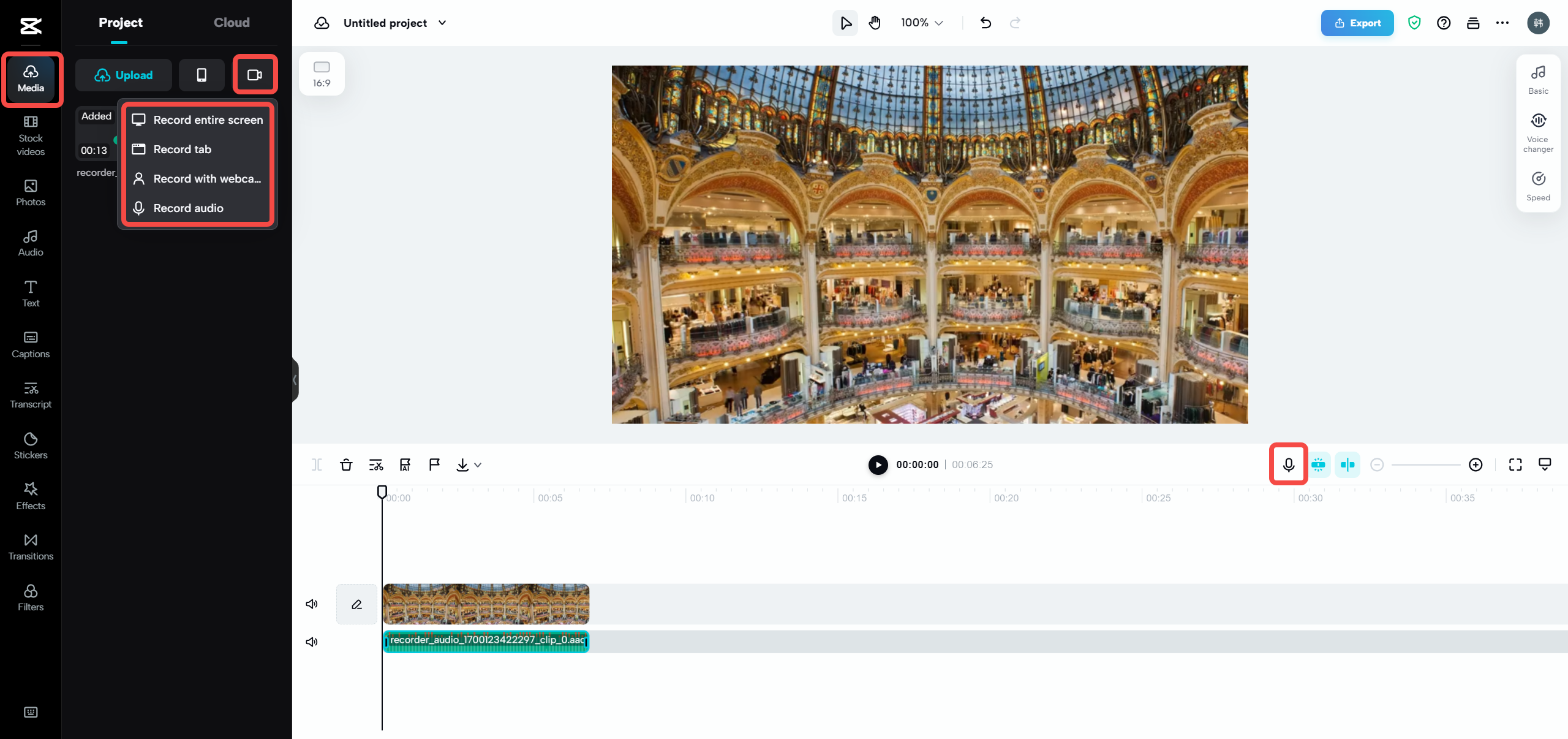 Access CapCut’s platform and record audio