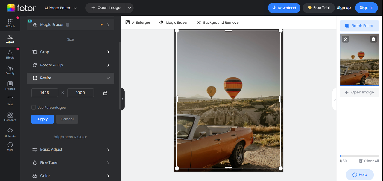 Resizing photos tool - Fotor