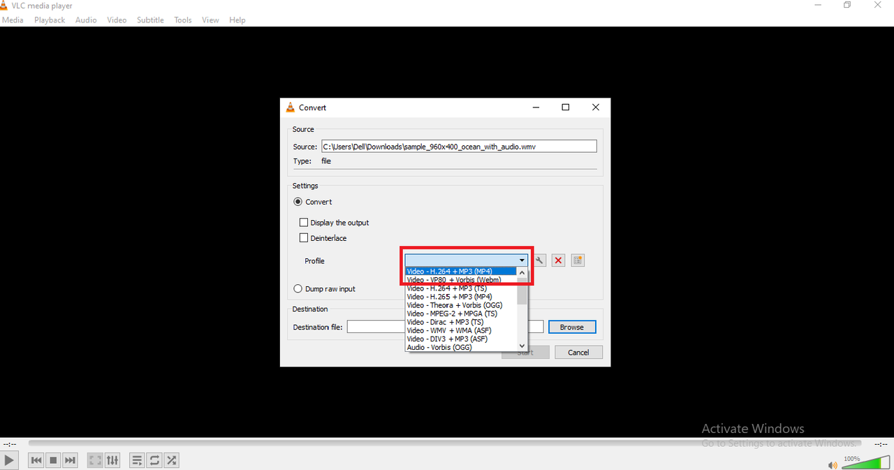 convert WMV files into MP4 using VLC