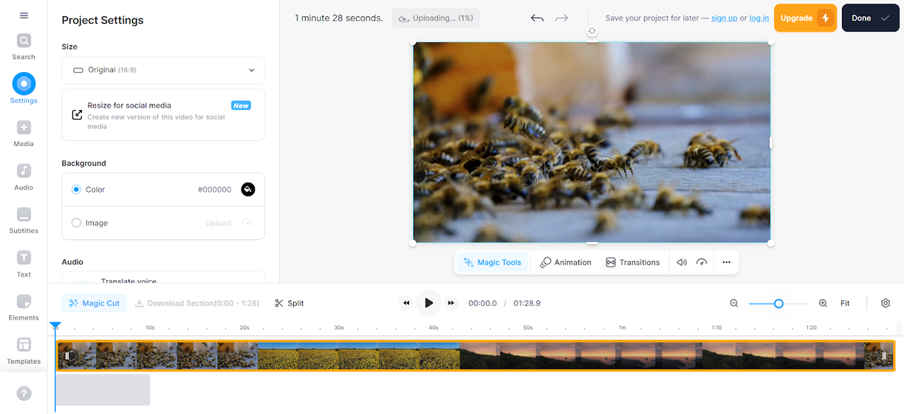 Veed's video clipping interface