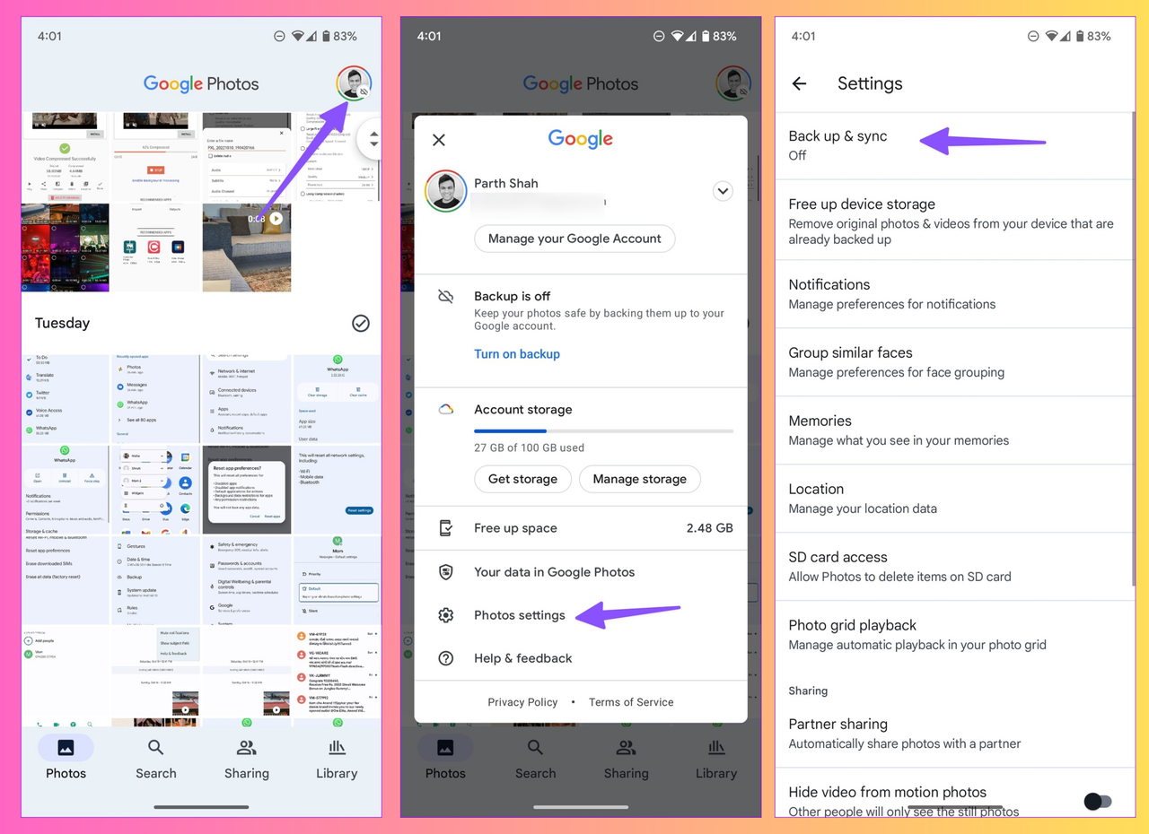 Change backup and sync settings