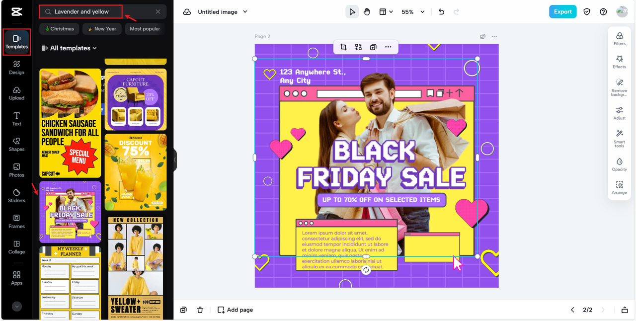 Selecting a template in CapCut online