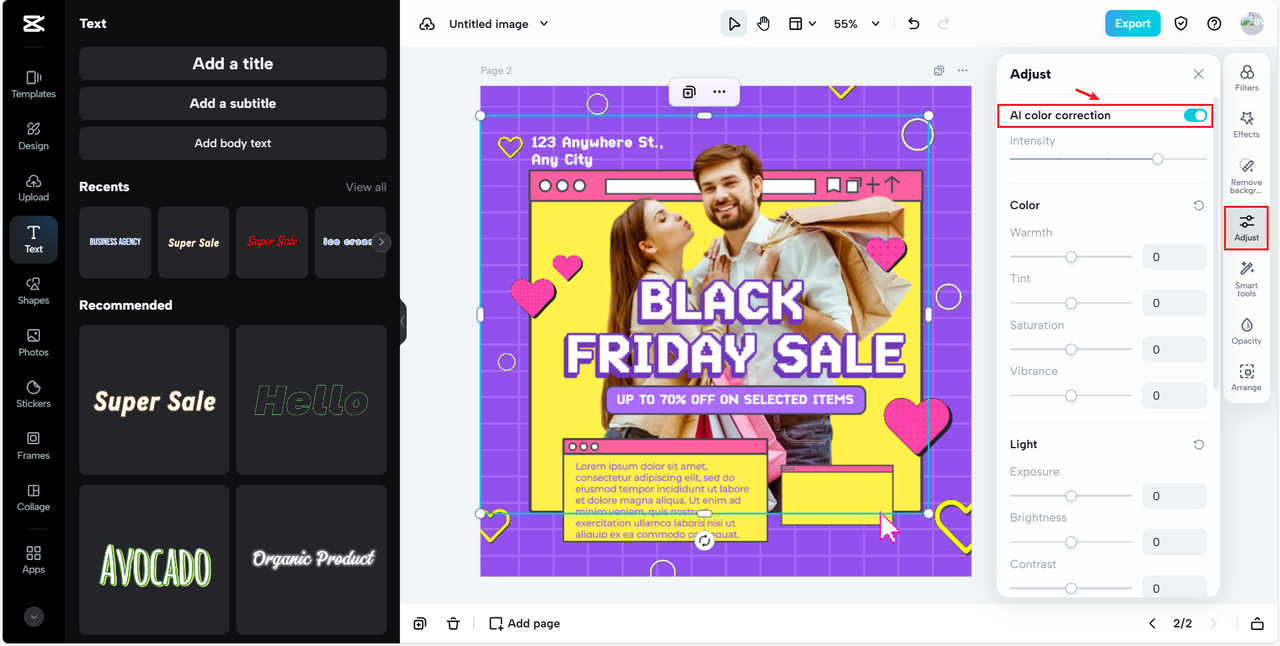 AI color correction in CapCut online