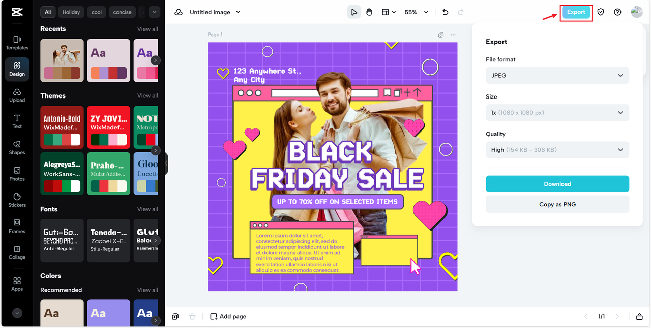 Exporting image from CapCut online