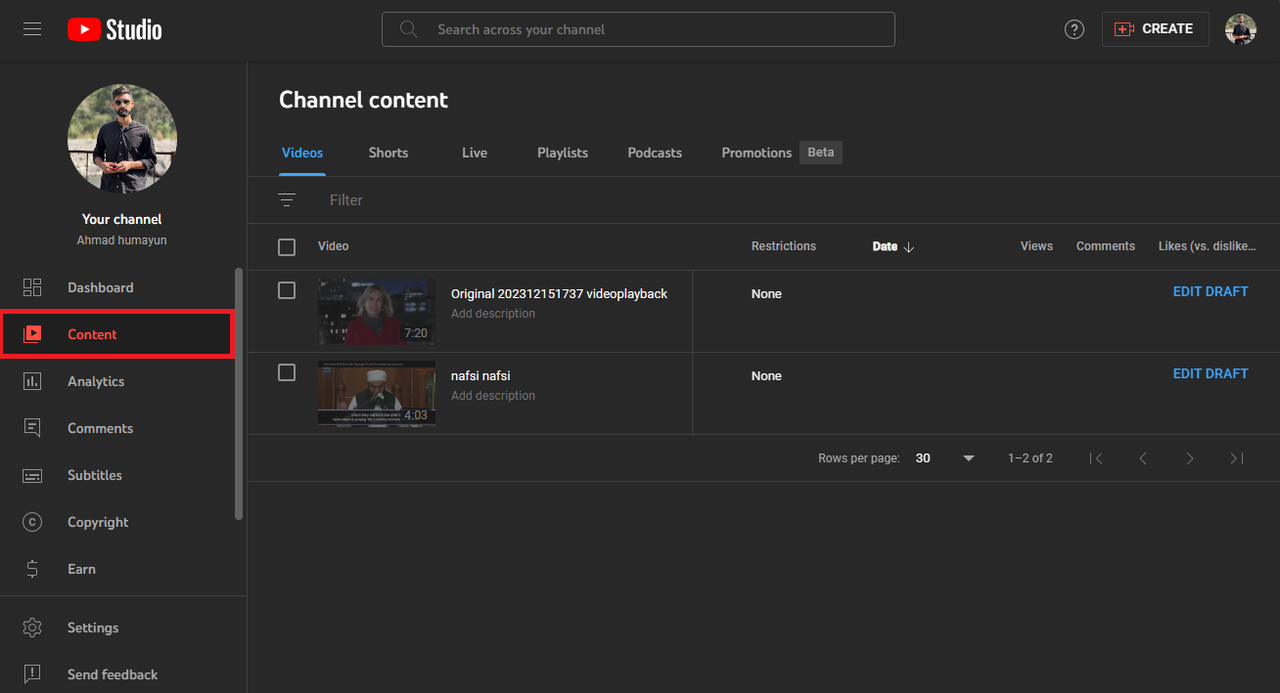 YouTube Studio dashboard