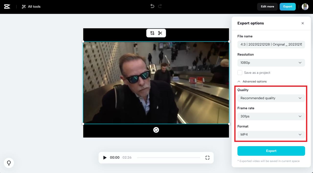 Export quality, frame rate, and format