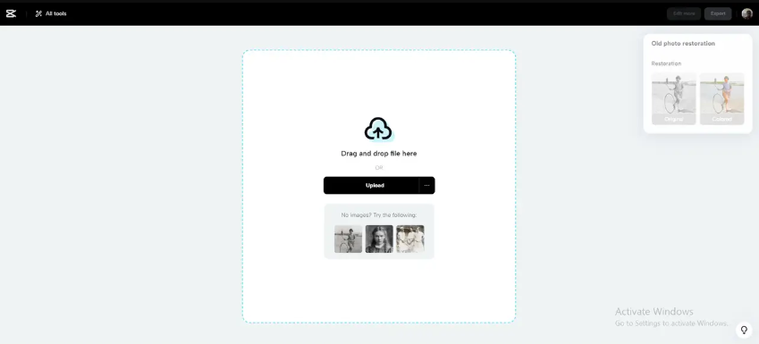 Upload a photo in CapCut old photo restoration