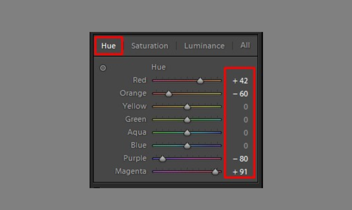 Hue customization settings in Lightroom