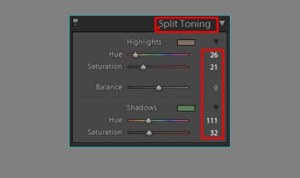 Split toning settings in Lightroom
