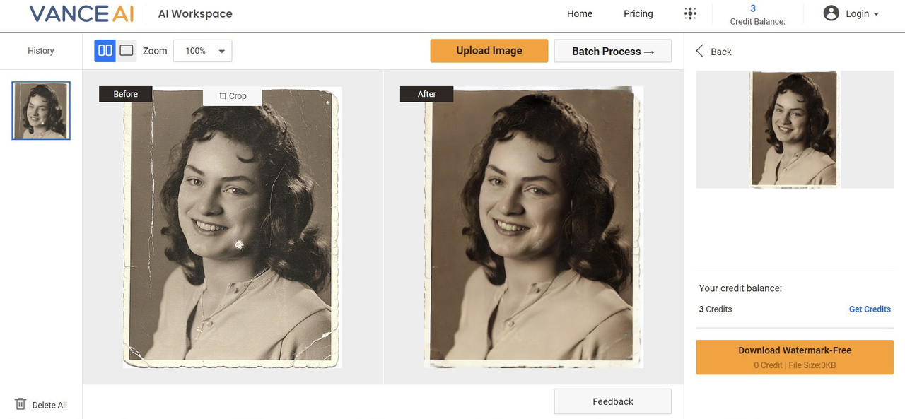 VanceAI's old photo restoration interface 