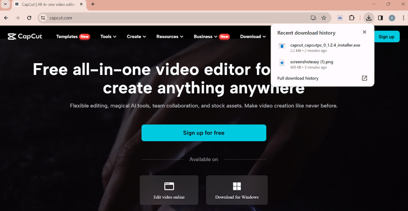 Allow the CapCut for PC download to finish