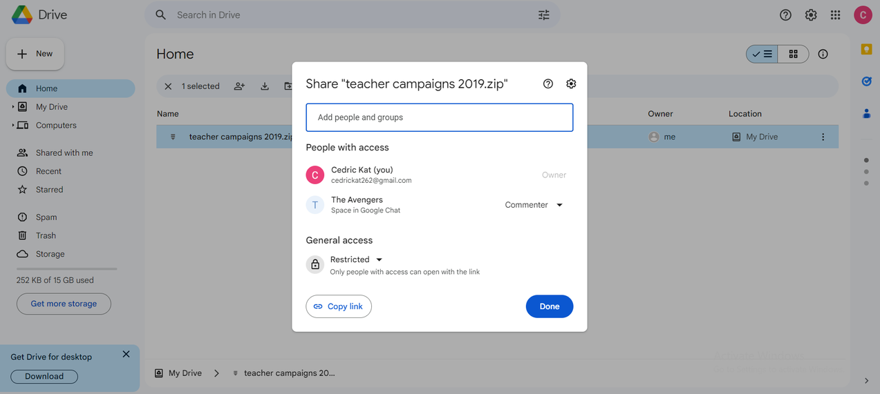 Add people to document in Google Drive