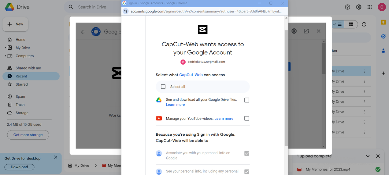 Allow CapCut-web access to Google Drive